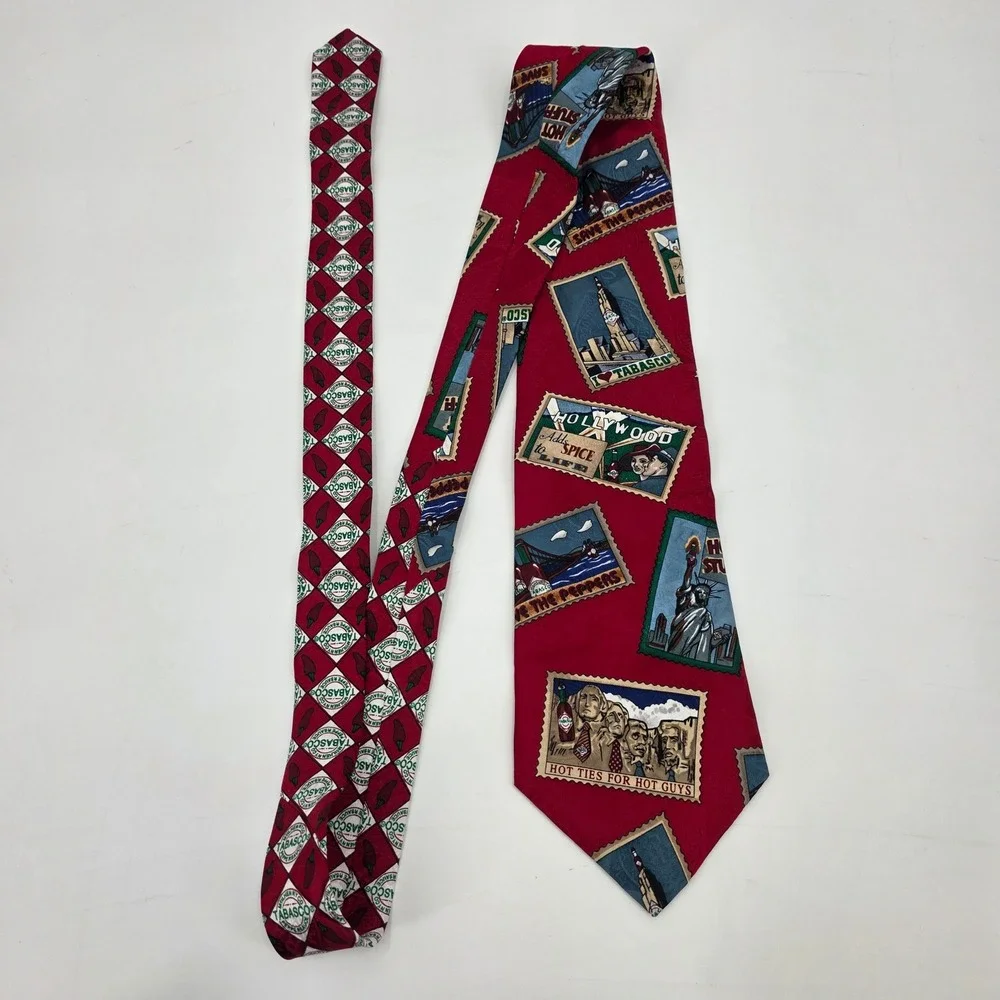 VINTAGE TABASCO TIE MENS RED POSTAGE STAMPS 100% SILK USA AOP NWT HOT SAUCE CHEF